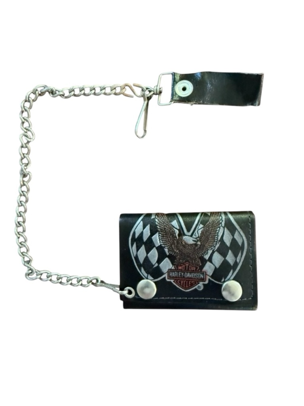Harley Davidson Leather Trifold Chain Wallet Black Vintage Made In USA Biker